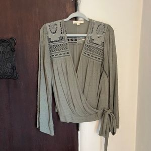 Love Stitch Olive Green Textured and Crochet Blouse